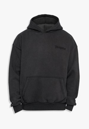 Schwarze Kapuzenjacke aus Baumwollmischung, mit einer vorderen Kängurutasche, gerippten Bündchen und einem dezenten gestickten Logo auf der Brust.