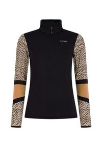 Zwart shirt met lange mouwen en een halve rits, met textuurbeige luipaardprint mouwen en gouden accenten op de boorden. Glad, aansluitend ontwerp.