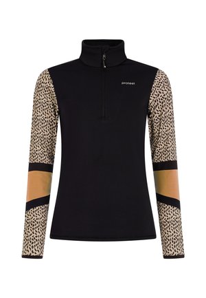 Zwart shirt met lange mouwen en een halve rits, met textuurbeige luipaardprint mouwen en gouden accenten op de boorden. Glad, aansluitend ontwerp.