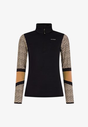 Haut noir à manches longues avec une demi-fermeture éclair, doté de manches en imprimé léopard beige texturé et d'accents dorés sur les poignets. Design lisse et ajusté.