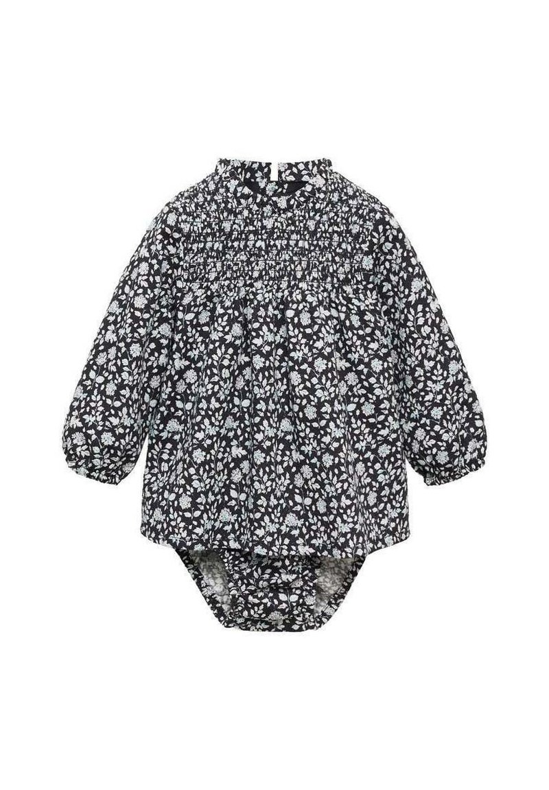 Mustikka kukkakirjailulla varustettu mekko, jossa on pitkät puff-hihat ja smockattua vartaloa. Mekossa on kootut vyötärö ja yhteensopiva alaosa.