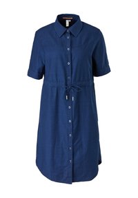 Robe-chemise bleu marine jusqu'aux genoux, à manches courtes, fermeture boutonnée à l'avant, col pointu et ceinture de taille ajustable.