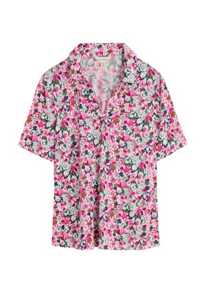 Short-sleeve collared shirt with a multicolored floral print in pink, green, brown, and white on a light background.