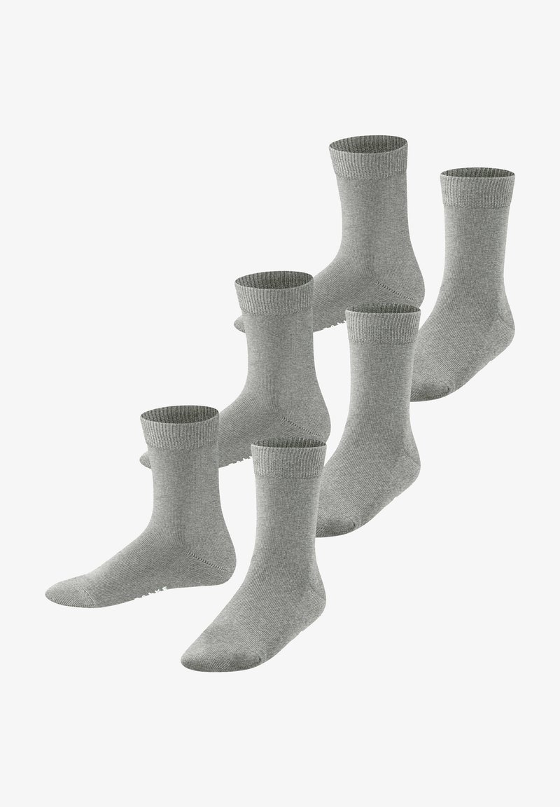 Calze di cotone grigie a manica corta disposte in una formazione sfalsata, con polsini a costine e una texture liscia, progettate per comfort e durata.