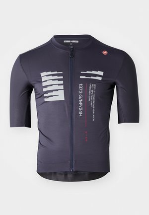 Maillot de cyclisme à manches courtes de couleur bleu marine foncé, doté d'une fermeture éclair à l'avant, d'un tissu texturé, d'éléments de design réfléchissants et de détails de marque.