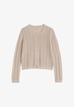 Cardigan bej tricotat cu nasturi, cu mâneci lungi și decolteu rotund, având un model delicat vertical de dantelă.