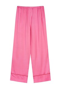 Pantaloni a gamba larga in satin rosa con vita elastica e bordo a contrasto alle caviglie. Texture liscia con vestibilità ampia, adatti per un look casual.