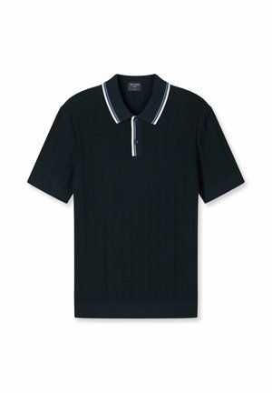 Marineblaue Poloshirt mit kurzen Ärmeln, strukturiertem Strick, Zwei-Knopf-Leiste und weißen sowie blau gestreiften Kragenakzenten.