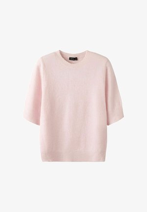 Pulover tricotat roz deschis cu mâneci scurte, guler rotund, manșete și tiv cu rebei, realizat de brandul LMTD.