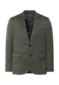 Olivinės spalvos švarkas su išpjautu atlapu, dviem mygtukais, priekinėmis kišenėmis ir lygiomis juodomis pamušalu. Prisegtas dizainas su subtilia tekstūra.