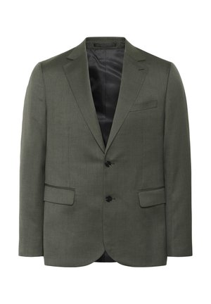 Olivgrüner Blazer mit schmalem Revers, zwei Knöpfen, frontalen Taschen und glattem schwarzen Innenfutter. Maßgeschneiderter Schnitt mit feiner Textur.