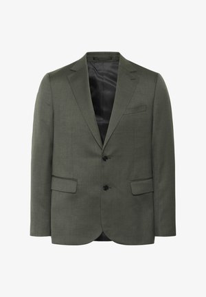 Blazer vert olive avec col cranté, deux boutons, poches avant et doublure intérieure lisse noire. Design ajusté avec une texture subtile.