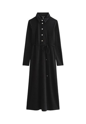 Abito lungo nero a maniche lunghe con colletto, cinque bottoni frontali e cintura annodata in vita, realizzato in tessuto a coste.
