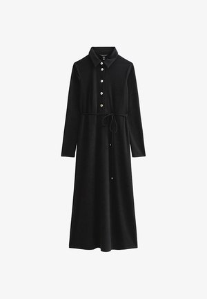 Abito lungo nero a maniche lunghe con colletto, cinque bottoni frontali e cintura annodata in vita, realizzato in tessuto a coste.