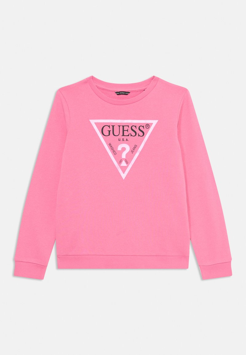 Rosa Sweatshirt aus weichem Stoff, mit einem dreieckigen Logo-Design in Schwarz und Weiß, langen Ärmeln und gerippten Bündchen.