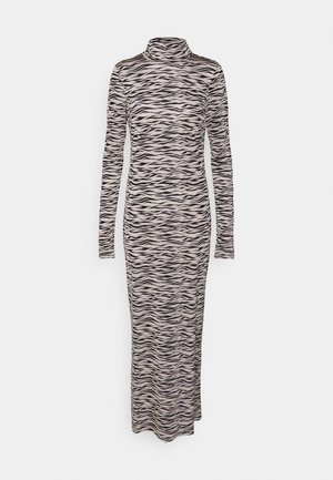 Langermet kjole med høy krage, med et svart og beige bølgemønster. Laget av elastisk stoff for en tettsittende silhuett.