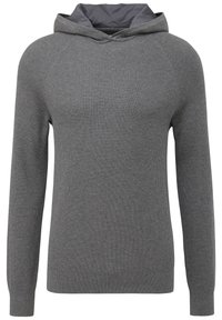 Gray ribbed hoodie with long sleeves and a cowl neck, featuring a contrasting inner lining. Fabric is soft and textured.