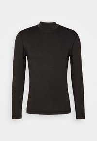 Slim fit, hosszú ujjú garbó felső sötétbarna anyagból, magas gallérral és sima textúrával, finom varrási részletekkel.