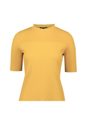 Mustard yellow ribbed top with short sleeves, high neck, and a frilled collar detail. Designed with a fitted silhouette and textured fabric.