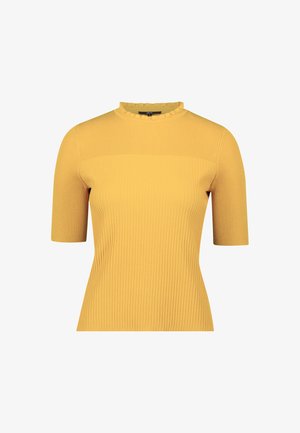 Mustard yellow ribbed top with short sleeves, high neck, and a frilled collar detail. Designed with a fitted silhouette and textured fabric.