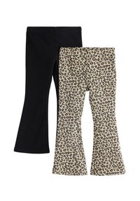 Deux paires de leggings évasés : une noire unie et l'autre crème avec un imprimé léopard noir. Les deux ont des ceintures élastiques et un tissu doux.