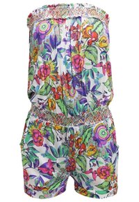 Combinaison florale colorée avec smocks élastiques au niveau du décolleté et de la taille. Présente des motifs vibrants de fleurs, de feuilles et de papillons.