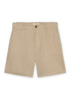 Beige knielange Leinen-Shorts mit Knopf- und Reißverschluss, Gürtelschlaufen und Seitentaschen, flach auf weißem Hintergrund präsentiert.