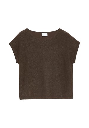 Brązowy krótki top z połyskiem, okrągłym dekoltem i luźnym krojem, z metką "Comma" wewnątrz kołnierza.