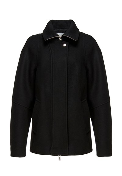 Sort uldblandet frakke med en opretstående krave, foran lynlås og to sidelommer. Har en skræddersyet form og et minimalistisk design.