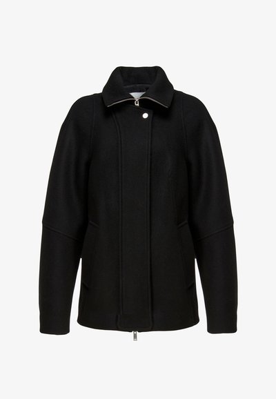 Sort uldblandet frakke med en opretstående krave, foran lynlås og to sidelommer. Har en skræddersyet form og et minimalistisk design.