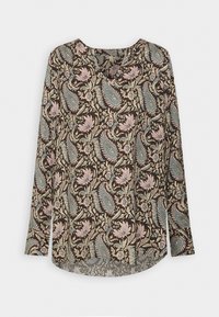 Blusa de manga larga en marrón con un patrón de flores y paisleys en rosa y azul, que presenta un escote redondo y un dobladillo ligeramente curvado.