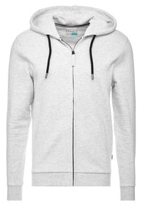 Lichtgrijze hoodie met volledige rits, zwarte koordjes, voorzakken, geribbelde mouwen en een Esprit Organic-label aan de binnenkant van de kraag.