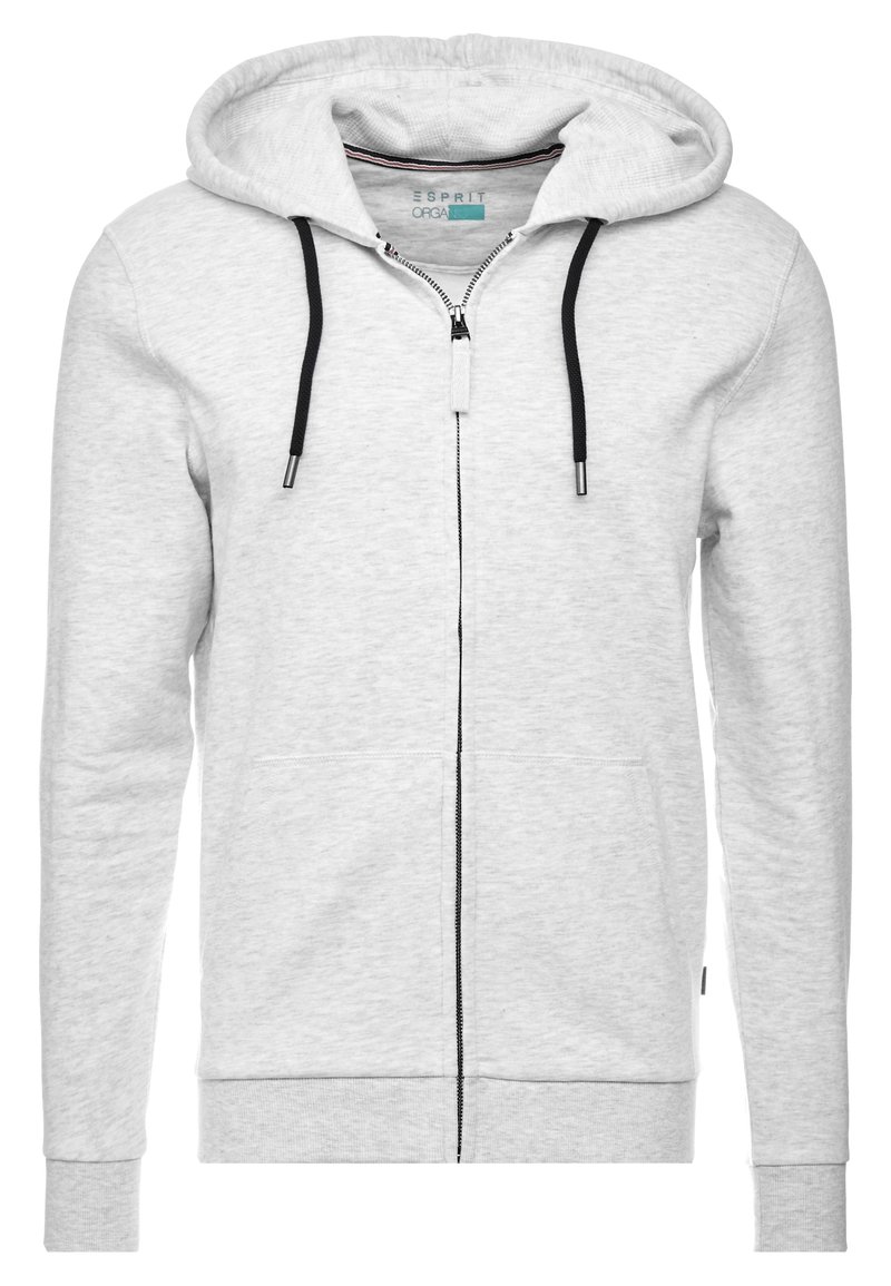 Lichtgrijze hoodie met volledige rits, zwarte koordjes, voorzakken, geribbelde mouwen en een Esprit Organic-label aan de binnenkant van de kraag.