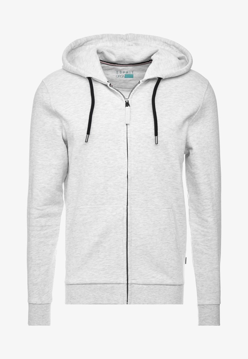 Lichtgrijze hoodie met volledige rits, zwarte koordjes, voorzakken, geribbelde mouwen en een Esprit Organic-label aan de binnenkant van de kraag.