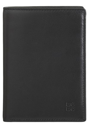 Black leather wallet with a smooth texture, rectangular shape, subtle branding on the bottom right, and neat stitching along the edges.