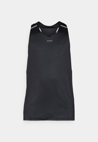 Svart atletisk tanktop laget av lett stoff, med rund hals, perforert tekstur og tonale detaljer på skuldrene.