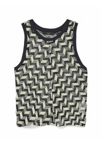 Top in bianco e nero con un motivo a zigzag, scollatura e bretelle a coste. Realizzato in tessuto lavorato testurizzato.