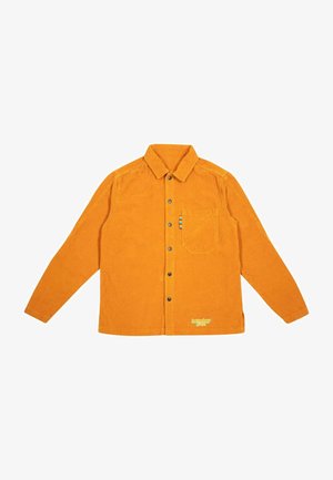 Orange corduroy shirt with long sleeves, button-up front, chest pocket, and small multicolored stripe detail near pocket.