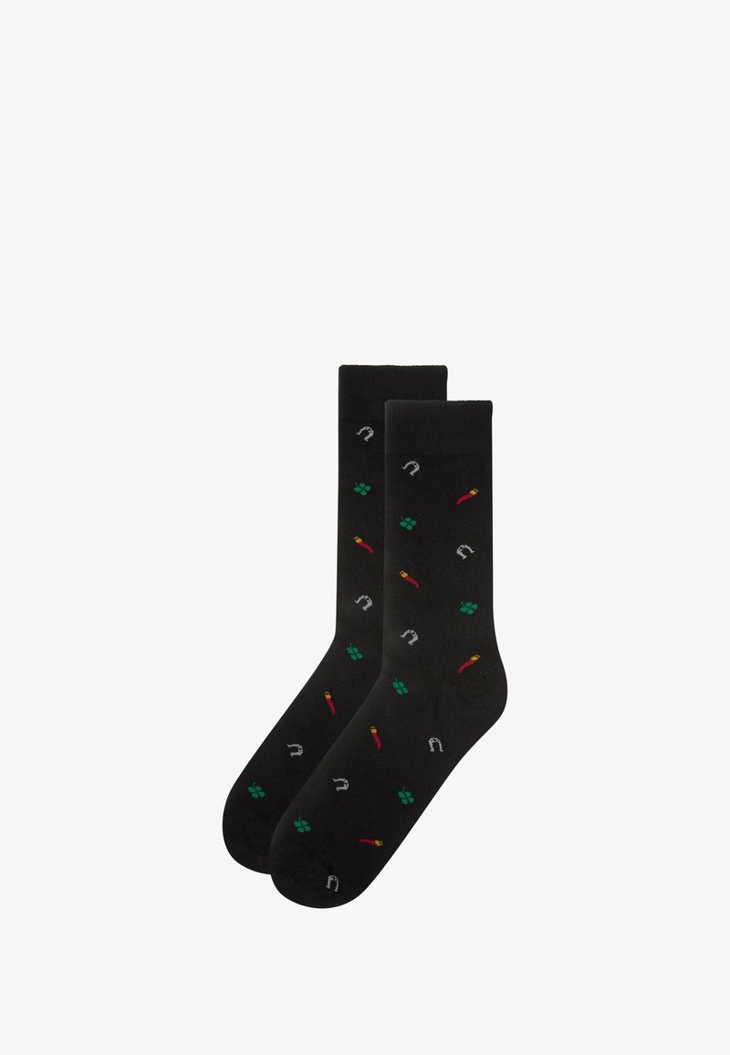 Black socks featuring a pattern of red chili peppers, green shamrocks, and silver horseshoes. Smooth texture and standard crew shape.