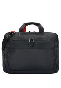 Bolsa de portátil de tela texturizada negra con doble asa, correa de hombro desmontable, bolsillo frontal y acentos rojos. Compartimento principal con cremallera.