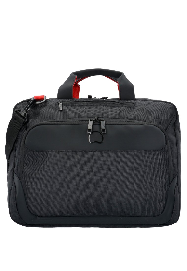 Bolsa de portátil de tela texturizada negra con doble asa, correa de hombro desmontable, bolsillo frontal y acentos rojos. Compartimento principal con cremallera.