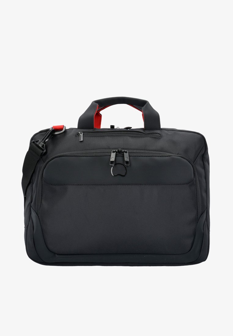Bolsa de portátil de tela texturizada negra con doble asa, correa de hombro desmontable, bolsillo frontal y acentos rojos. Compartimento principal con cremallera.