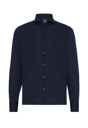 Chemise à manches longues bleu marine en tissu léger, dotée d'une fermeture à boutons, d'un col pointu et de boutons contrastants le long du plastron.