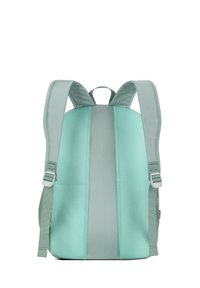 Mintgroene rugzak met een gladde stoffen buitenkant, meshpanelen, gewatteerde verstelbare schouderbanden en een bovenhandvat om te dragen.