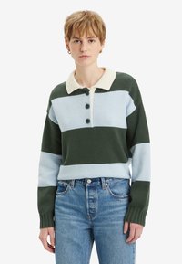Groene en lichtblauwe gestreepte trui met een crèmekleurige kraag en drie knopen, gemaakt van gebreid materiaal. Gecombineerd met high-waisted denim jeans.