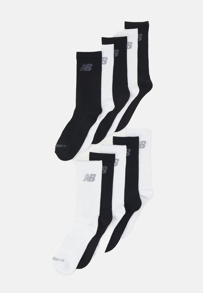 Cotton athletic socks in black and white, featuring a logo on the top. Each pair has a ribbed cuff and a smooth texture.