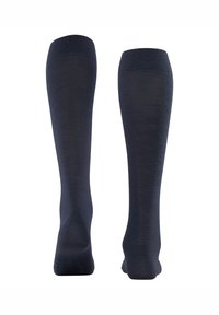 Térdig érő, sötétkék zokni, sima, elasztikus anyagból, bordázott felső résszel és varrás nélküli orr-résszel.