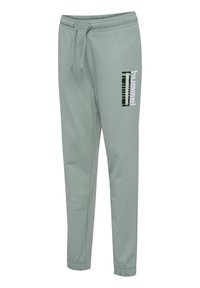 Lichtgroene sweatpants met trekkoord, elastische manchetten en het "hummel SPORTSWEAR"-logo verticaal gedrukt op de linker dij.