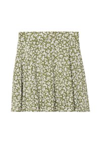 Jupe fleurie verte à taille haute, avec un design évasé. Le tissu a une texture douce avec des motifs de fleurs blanches répartis uniformément.