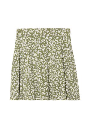 Jupe fleurie verte à taille haute, avec un design évasé. Le tissu a une texture douce avec des motifs de fleurs blanches répartis uniformément.